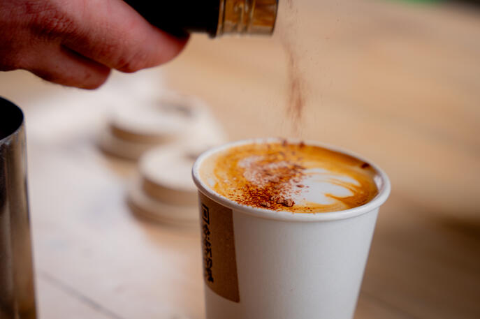 Close-up of chocolate powder being sprinkled from a shaker onto the frothy top of a cappuccino.